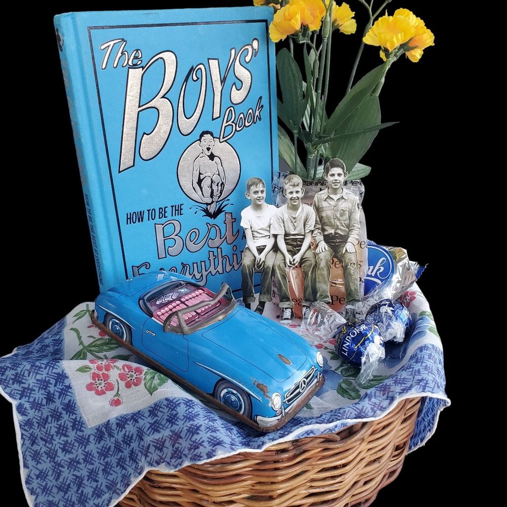 Vintage Gift Basket Collectible Boy Theme Blue Decor